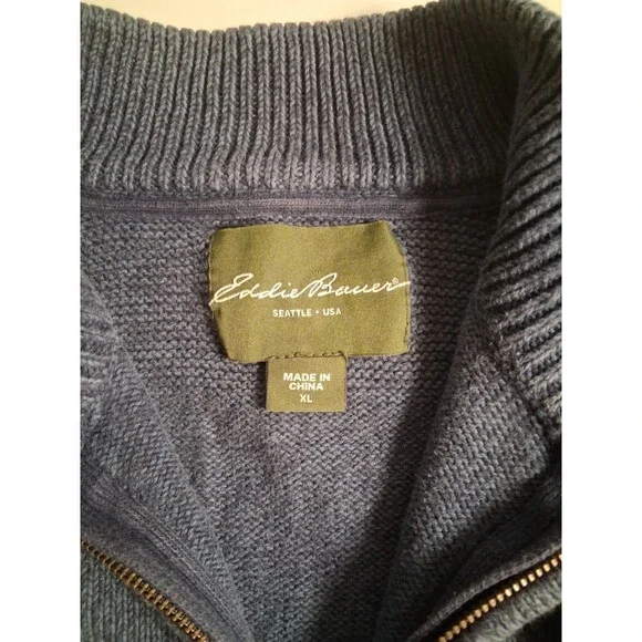 Eddie Bauer Sweater Mens XL Quarter Zip Mock Neck Cotton Knit Blue Distressed - Picture 4 of 7